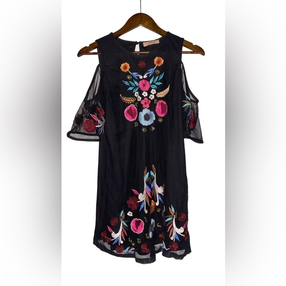 Kyra Floral Black‎ Tunic Dress Women M Cold Shoulder Fairy Goth Whimsigoth